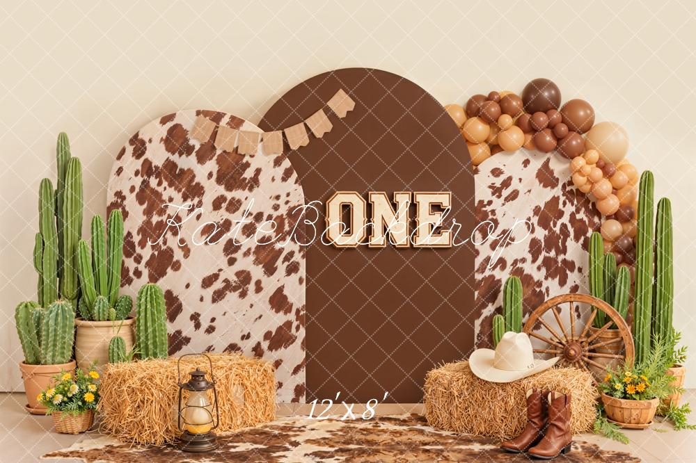 Kate Cake Smash Western Cow Print Cactus Hay One Birthday Printed Backdrop Designed by Emetselch