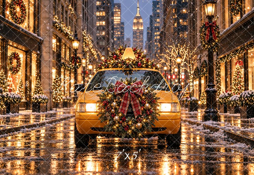 Kate Christmas Yellow Taxi Snowy City Street Printed Backdrop Designed by Angela Miller