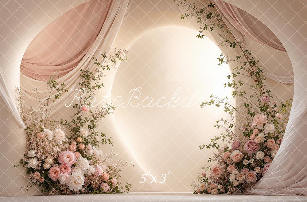Kate Wedding Pink Flower Arch Draped Curtains Printed Backdrop Designed by Shutter Swan Studios