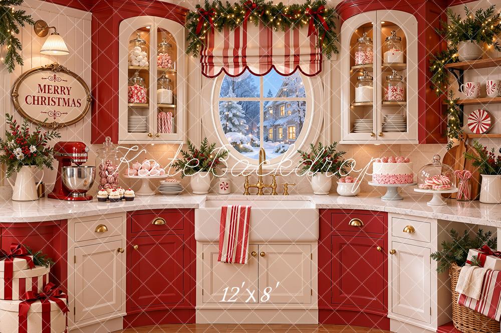 Kate Christmas Kitchen Red Candy Cane Peppermint Window Printed Backdrop Designed by Shutter Swan Studios