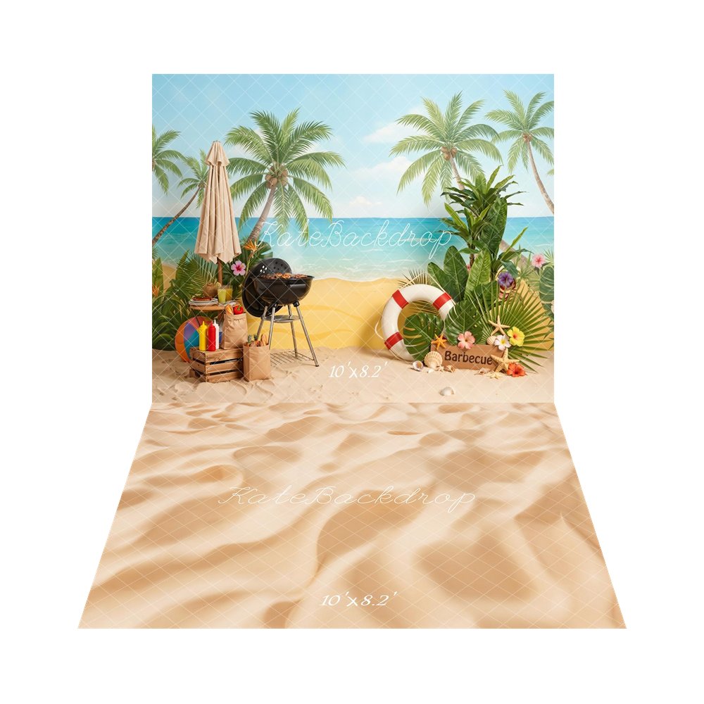 Kate Summer Beach Palm Trees Barbecue Umbrella Flowers Lifebuoy Printed Backdrop+Beach Sand Floor Printed Backdrop