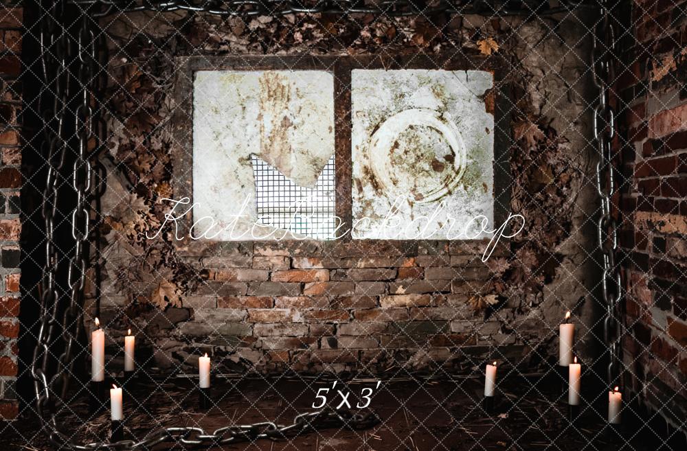 Kate Halloween Spooky Brick Wall Chains Candles Window Printed Backdrop Designed by Fantasyphotoart