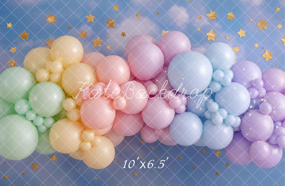 Kate Cake Smash Pastel Rainbow Balloon Garland Sky Stars Printed Backdrop Designed by Emetselch