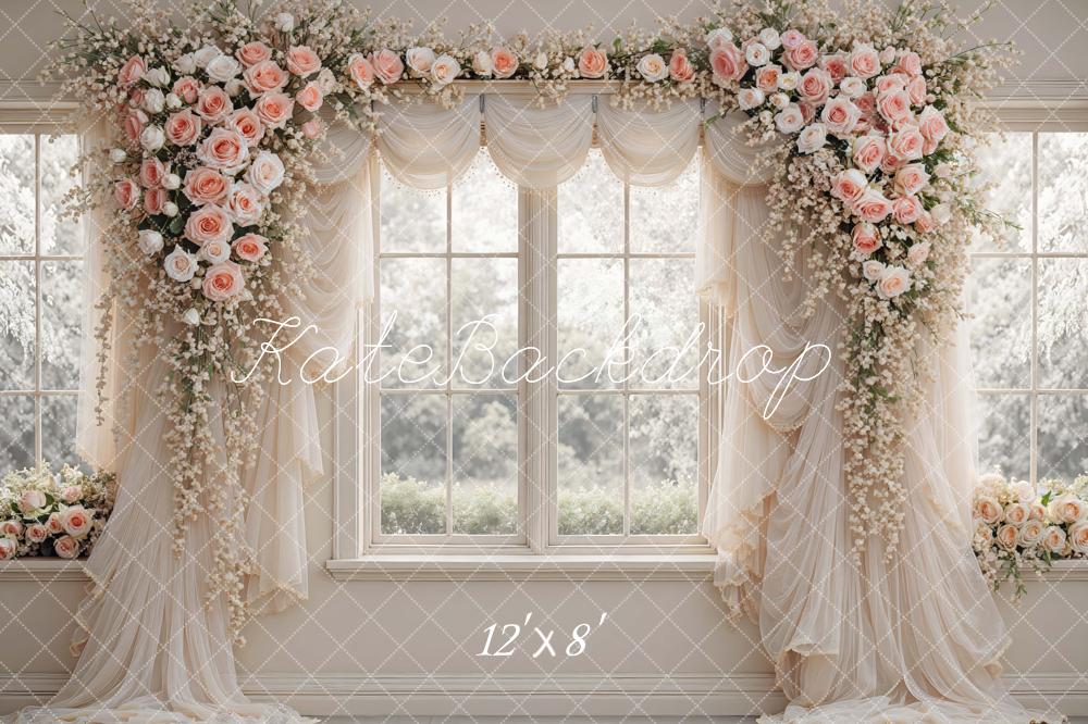 Kate Summer Flower Arch Window Drapes Pink Roses Printed Backdrop Designed by Mini MakeBelieve