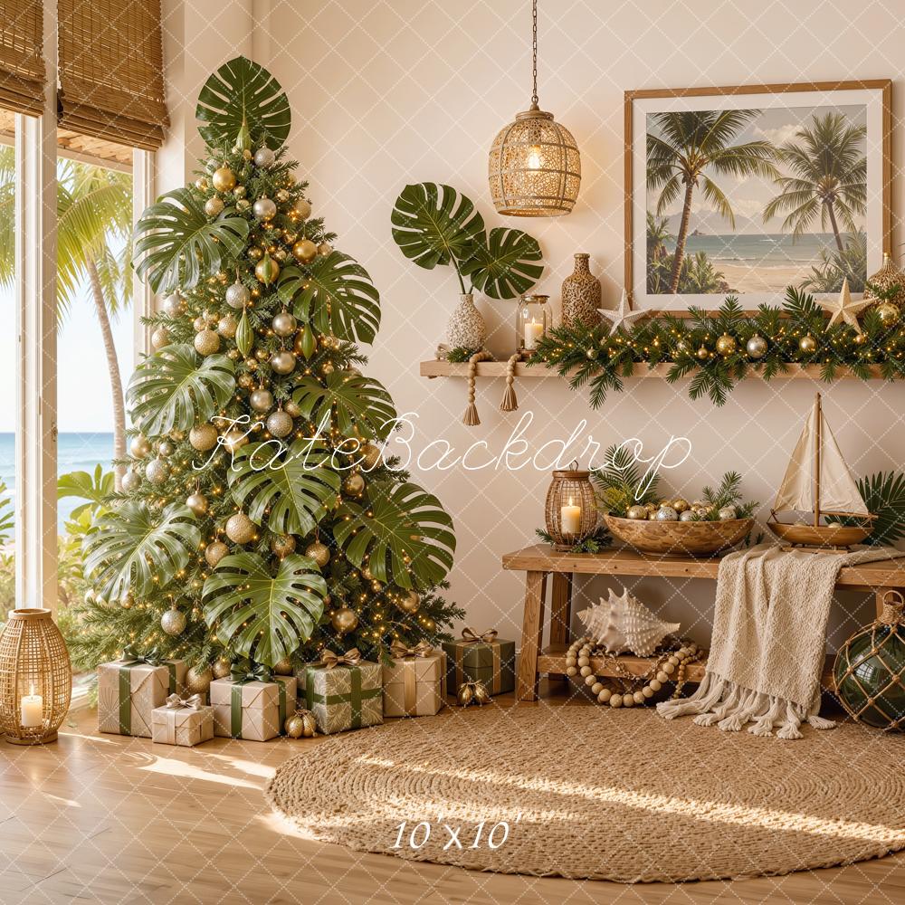 Kate Christmas Tree Tropical Beach Fireplace Printed Backdrop Designed by Shutter Swan Studios