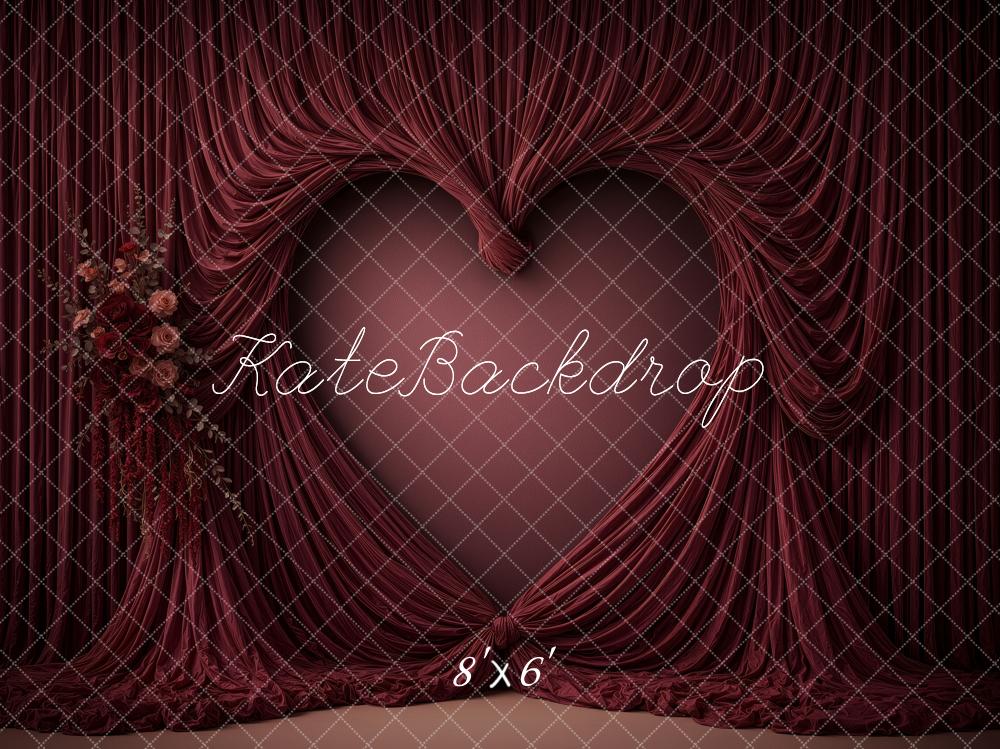 Kate Valentine's Day Burgundy Heart Draped Curtains Floral Printed Backdrop Designed by Ashley Ward