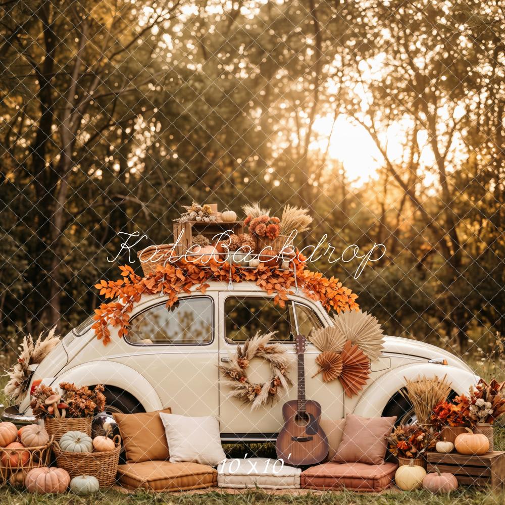 Kate Fall Woodland Vintage Car Pumpkins Guitar Maple Leaves Cozy Printed Backdrop Designed by Patty Roberts