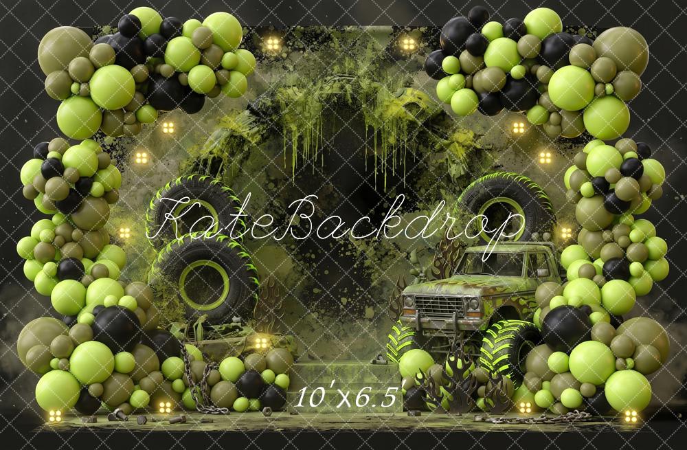 Kate Birthday Monster Truck Balloon Arch Green Black Printed Backdrop Designed by Angela Miller