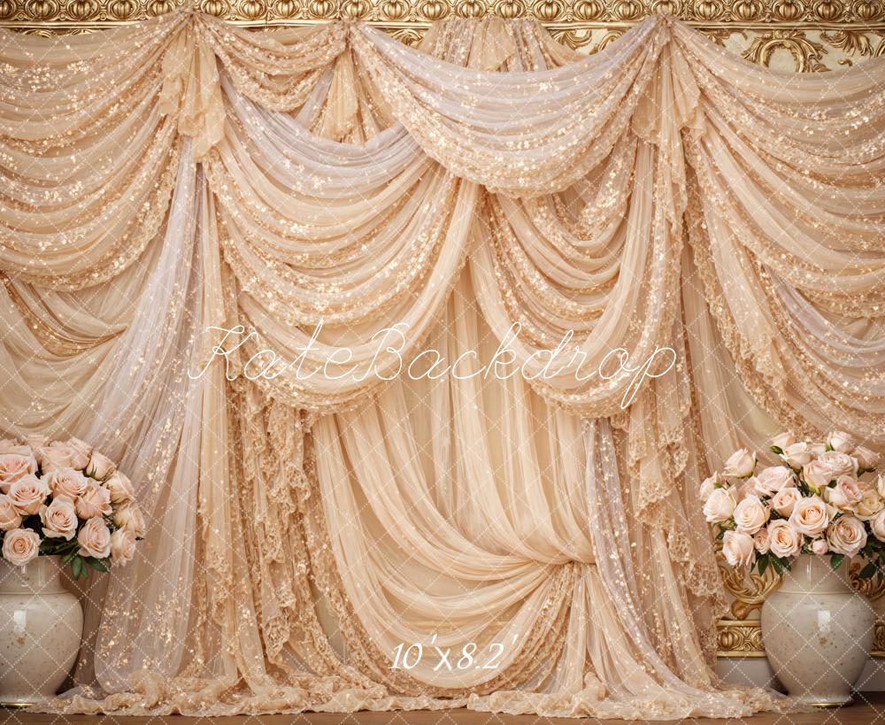 Kate Spring Gold Sequin Drapes with Floral Vases Printed Backdrop Designed by Mini MakeBelieve