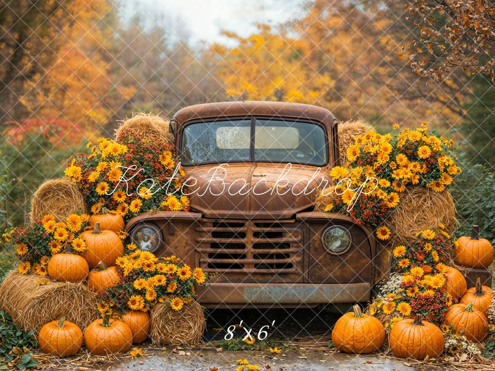 Kate Fall Vintage Truck Pumpkins Hay Bales Sunflowers Backdrop Designed by Emetselch