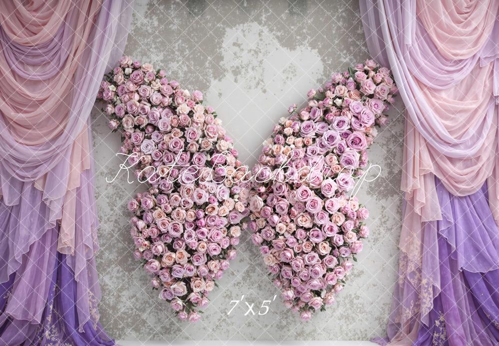 Kate Pink Rose Wings with Lavender Drapes Printed Backdrop Designed by Mini MakeBelieve