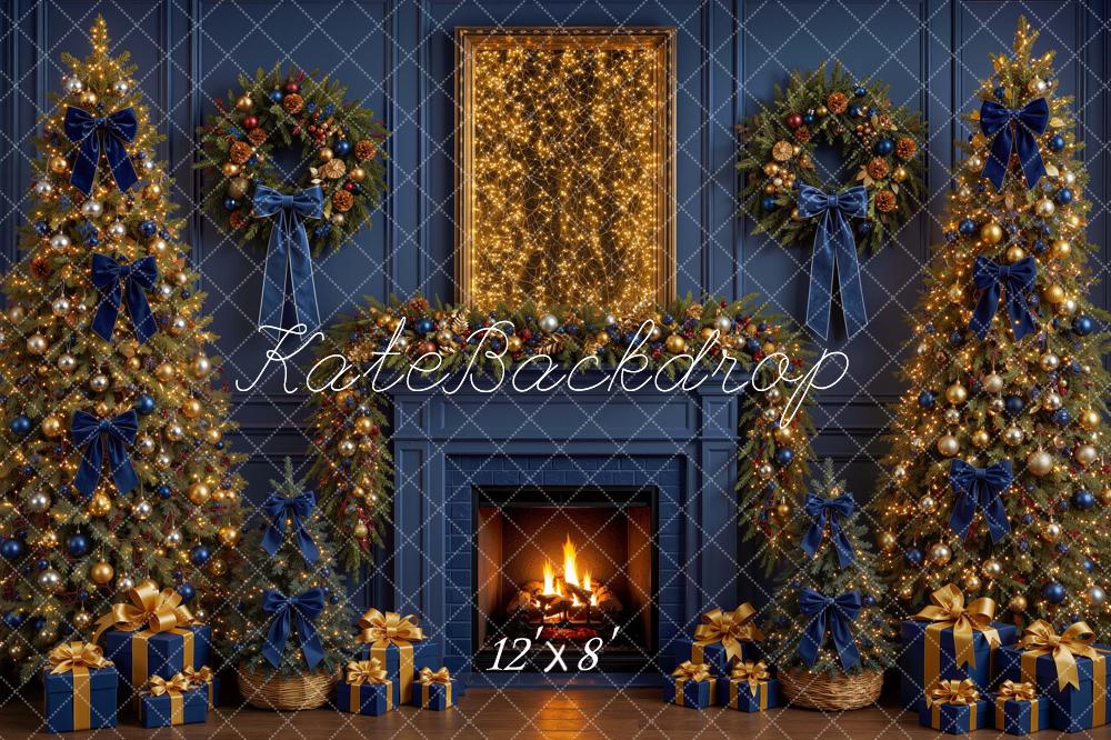 Kate Christmas Blue Bow Gold Trees Fireplace Wreath Printed Backdrop Designed by Mini MakeBelieve