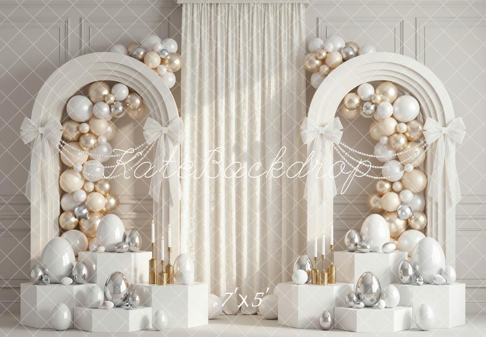 Kate Easter Balloon Arch White Silver Gold Eggs Printed Backdrop Designed by Mini MakeBelieve