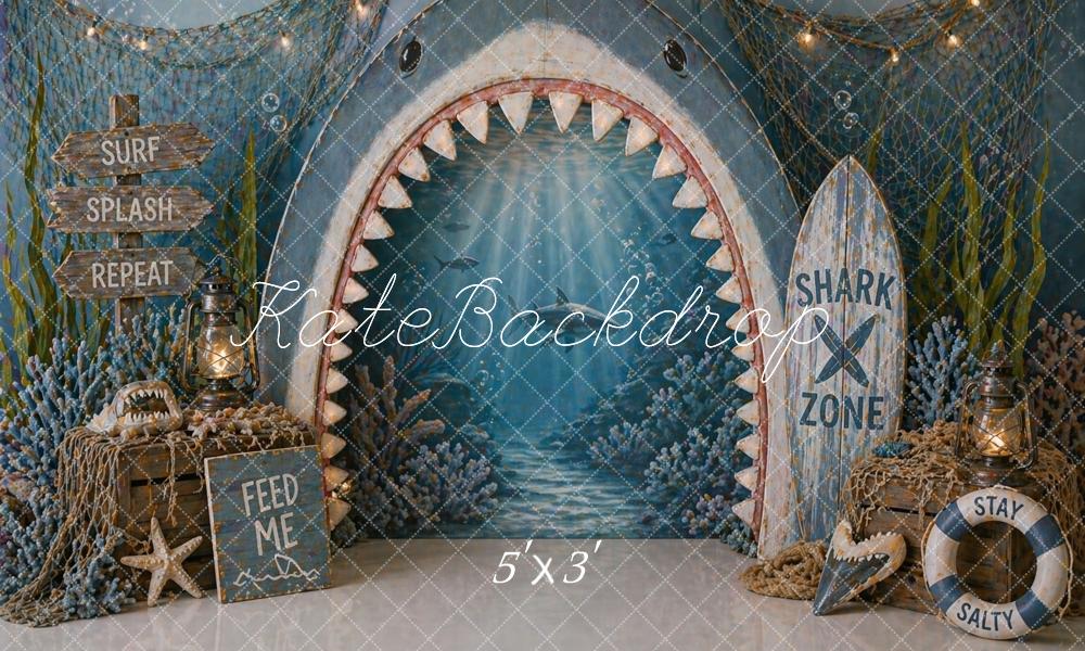 Kate Nautical Shark Mouth Ocean Surfboard Blue Printed Backdrop Designed by Caitlin Lynch