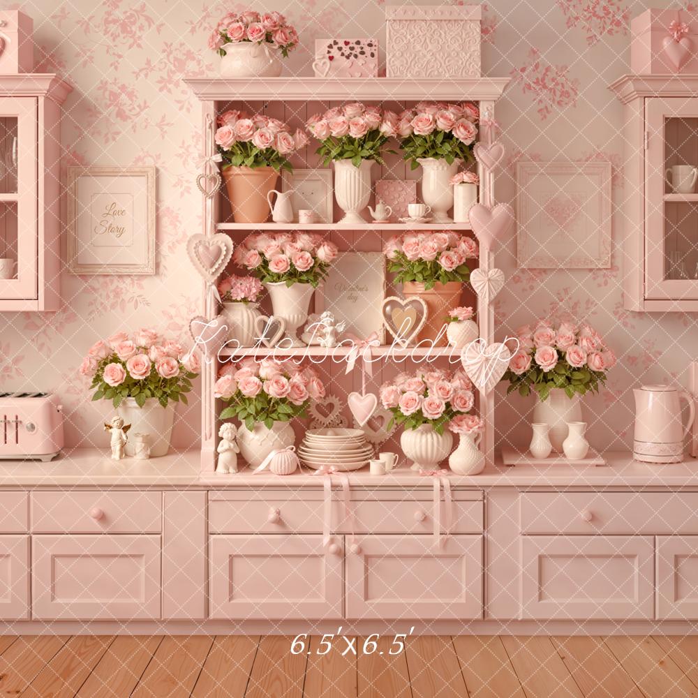 Kate Valentines Pink Kitchen Cabinet Roses Vases Heart Printed Backdrop Designed by Emetselch