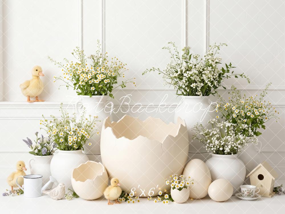 Kate Easter Cracked Egg Ducklings Daisy Flowers White Printed Backdrop Designed by Patty Roberts
