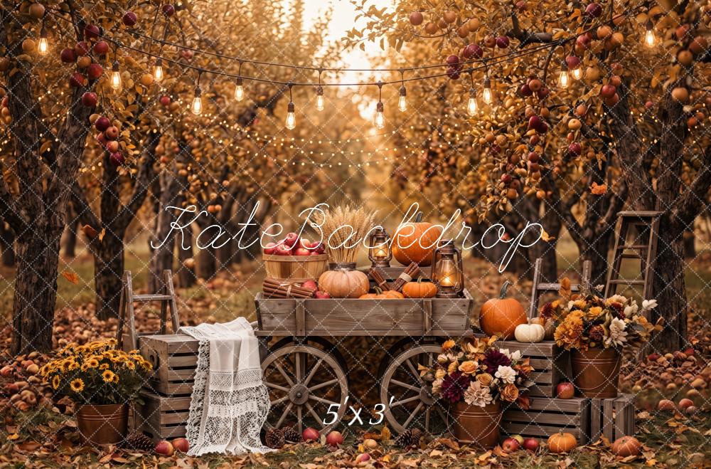 Kate Fall Apple Orchard Pumpkin Floral Wagon Wood Printed Backdrop Designed by Patty Roberts