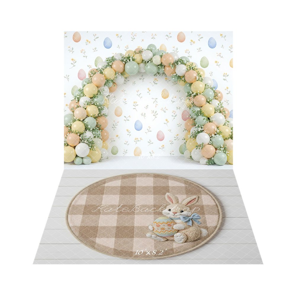 Kate Easter Balloon Arch Pastel Eggs Floral Backdrop+Easter Bunny Plaid Egg Beige Floor Backdrop