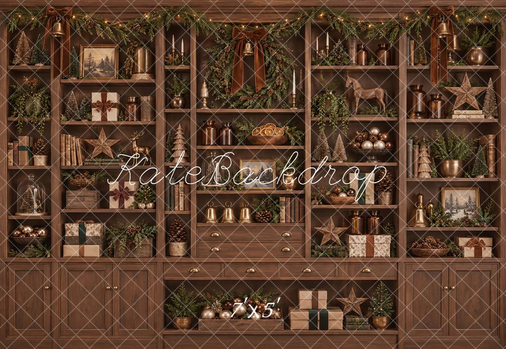 Kate Christmas Brown Cabinet Wreath Garland Shelves Printed Backdrop Designed by Vertigo Productions
