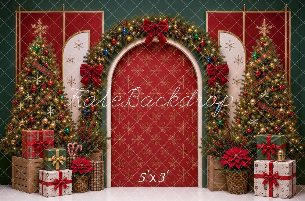 Kate Christmas Red Arch Garland Trees Presents Bow Printed Backdrop Designed by Shutter Swan Studios