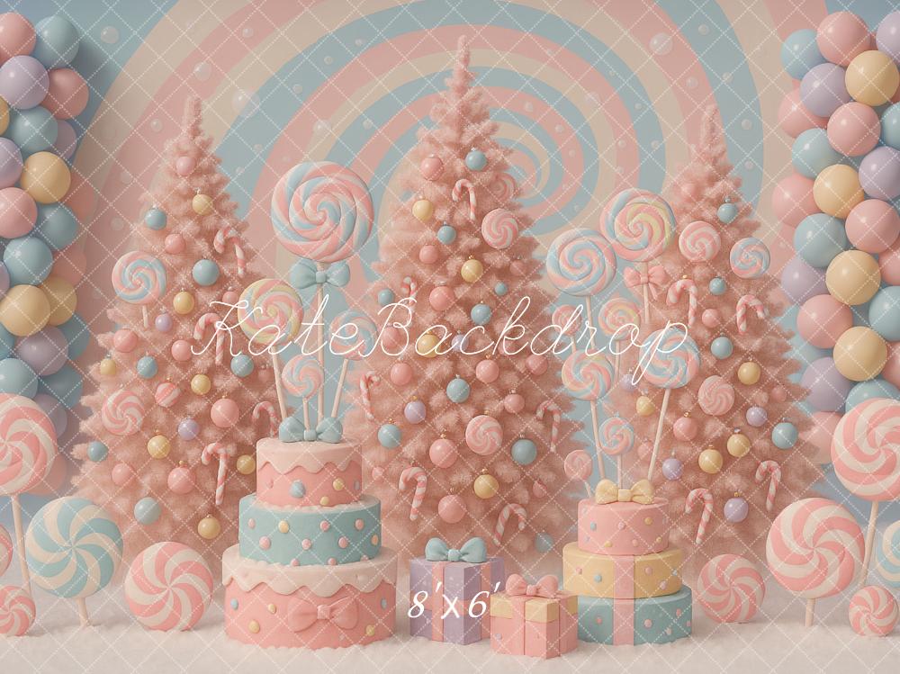 Kate Christmas Cake Smash Pastel Candy Land Trees Balloons Backdrop Designed by Ashley Paul