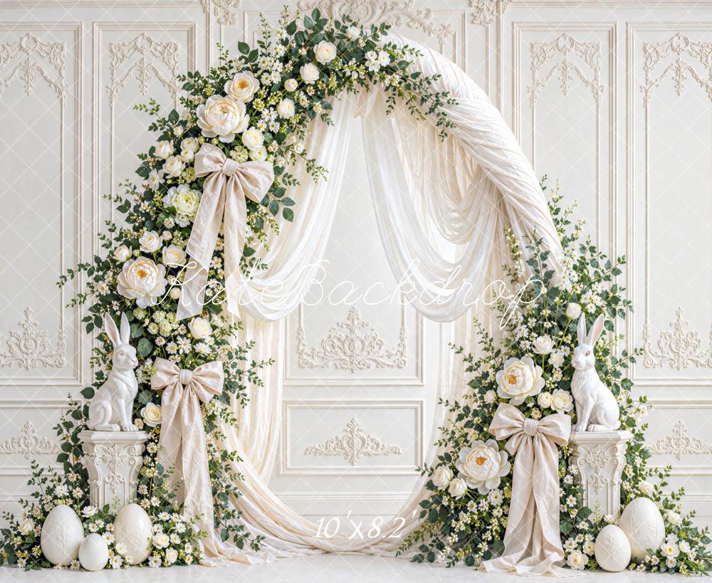 Kate Easter White Floral Arch Drapery Bow Bunny Vintage Printed Backdrop Designed by Mini MakeBelieve