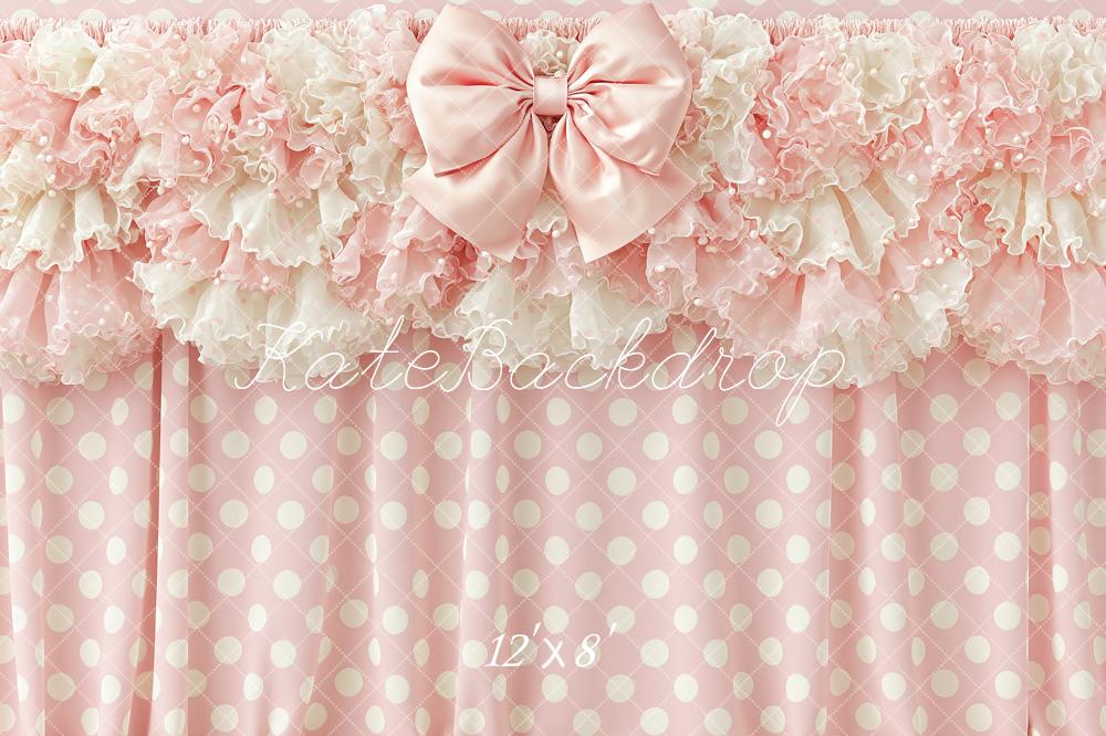 Kate Birthday Girls Pink Polka Dot Ruffle Bow Printed Backdrop Designed by Angela Miller