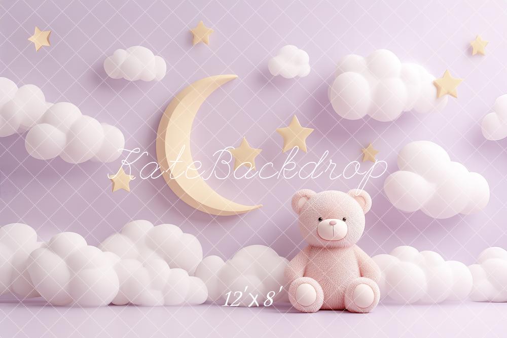 Kate Cake Smash Moon Clouds Stars Pink Teddy Bear Printed Backdrop Designed by Angela Miller