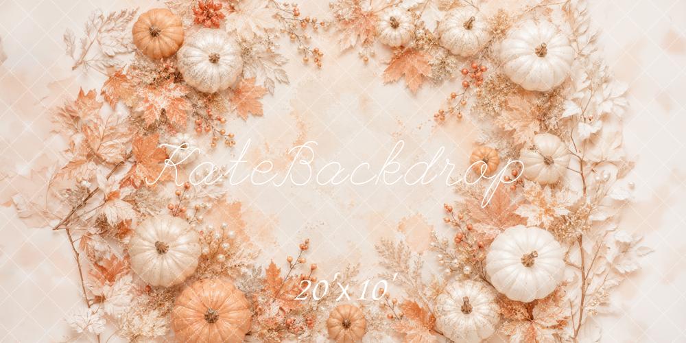 Kate Fall Pumpkins Maple Leaves Beige Printed Backdrop Designed by Megan Leigh Photography