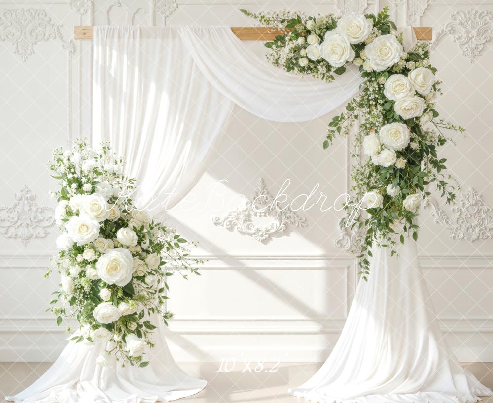 Kate Spring Wedding Flower Arch White Drapes Backdrop Designed by Emetselch