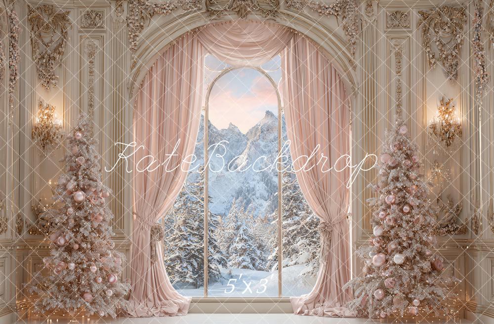 Kate Christmas Retro Arch Pink Curtains Ornate Window Snowy Trees Backdrop Designed by Ashley Paul