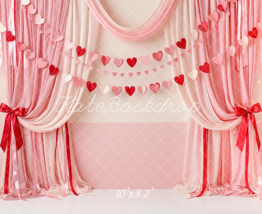 Kate Valentine's Day Heart Bunting Draped Curtains Bow Printed Backdrop Designed by Angela Miller