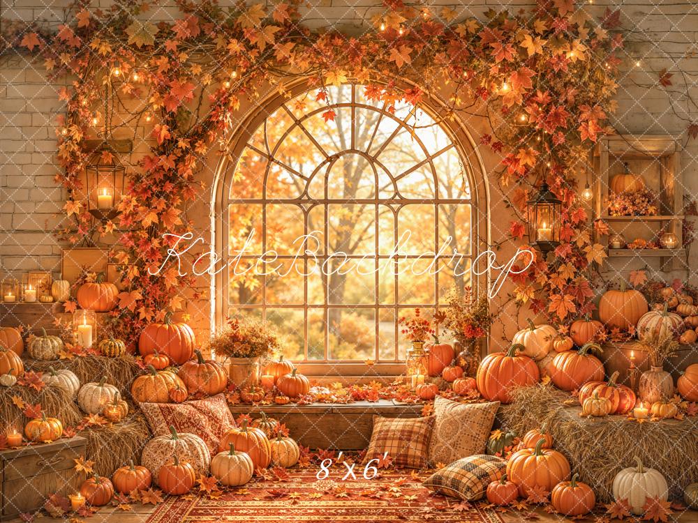 Kate Fall Pumpkins Window Arch Maple Leaves Printed Backdrop Designed by Emetselch