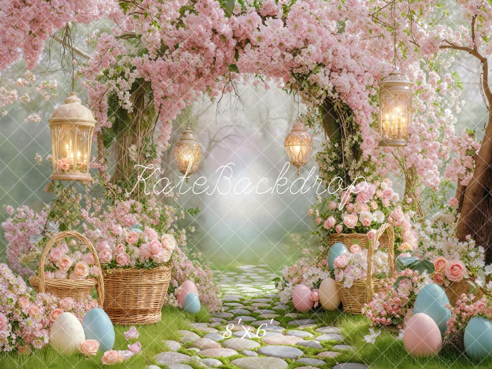 Kate Easter Bunny Flower Arch Pink Cobblestone Path Printed Backdrop Designed by Emetselch