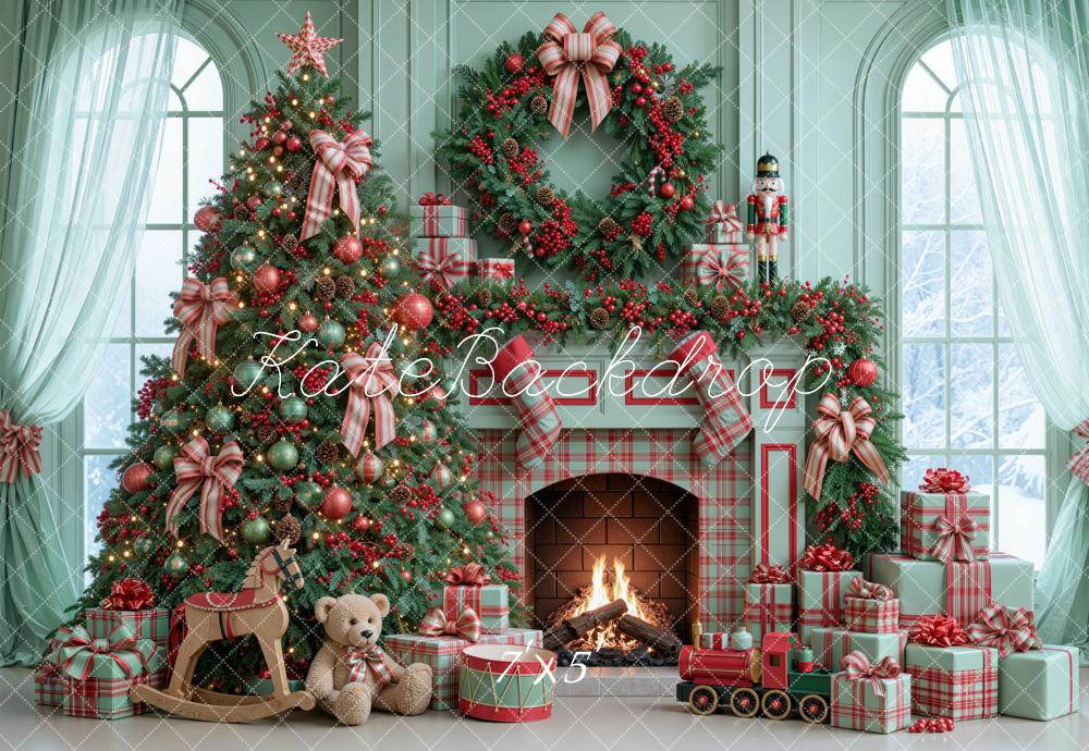 Kate Christmas Tree Fireplace Wreath Nutcracker Plaid Green Printed Backdrop Designed by Mini MakeBelieve