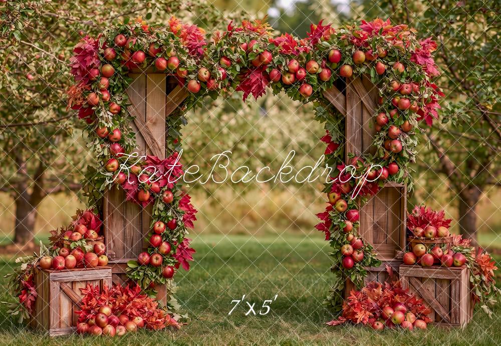 Kate Fall Apple Orchard Wooden Arch Crates Printed Backdrop Designed by Angela Miller