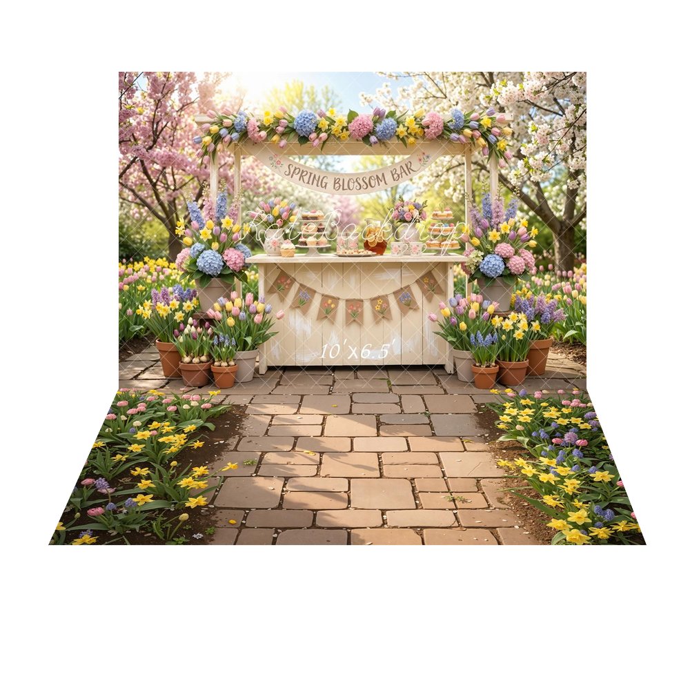 Kate Spring Blossom Bar Floral Stand Garden Backdrop+Spring Cobblestone Path Garden Flowers Floor Backdrop