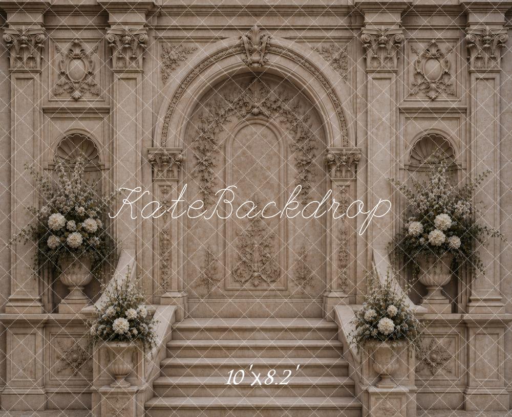 Kate Retro Architecture Cascading Stairs Beige Arch Floral Printed Backdrop Designed by Vertigo Productions