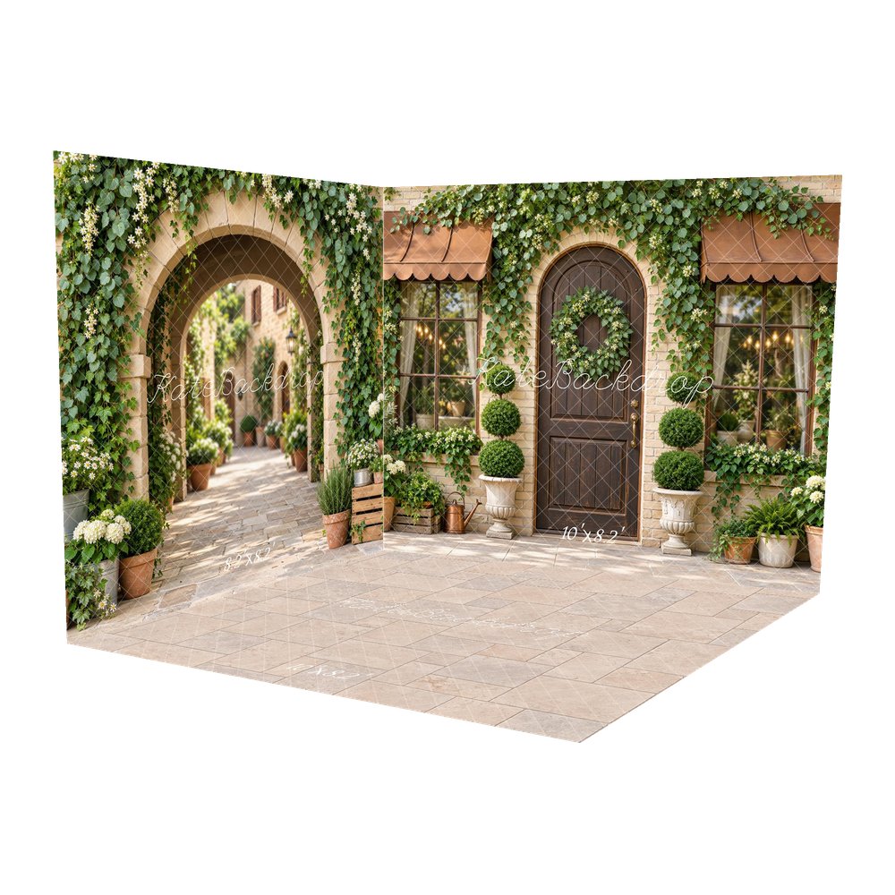 Kate Spring Ivy Garden Arch Doorway Brick Wall Botanical Printed Backdrop Room Set