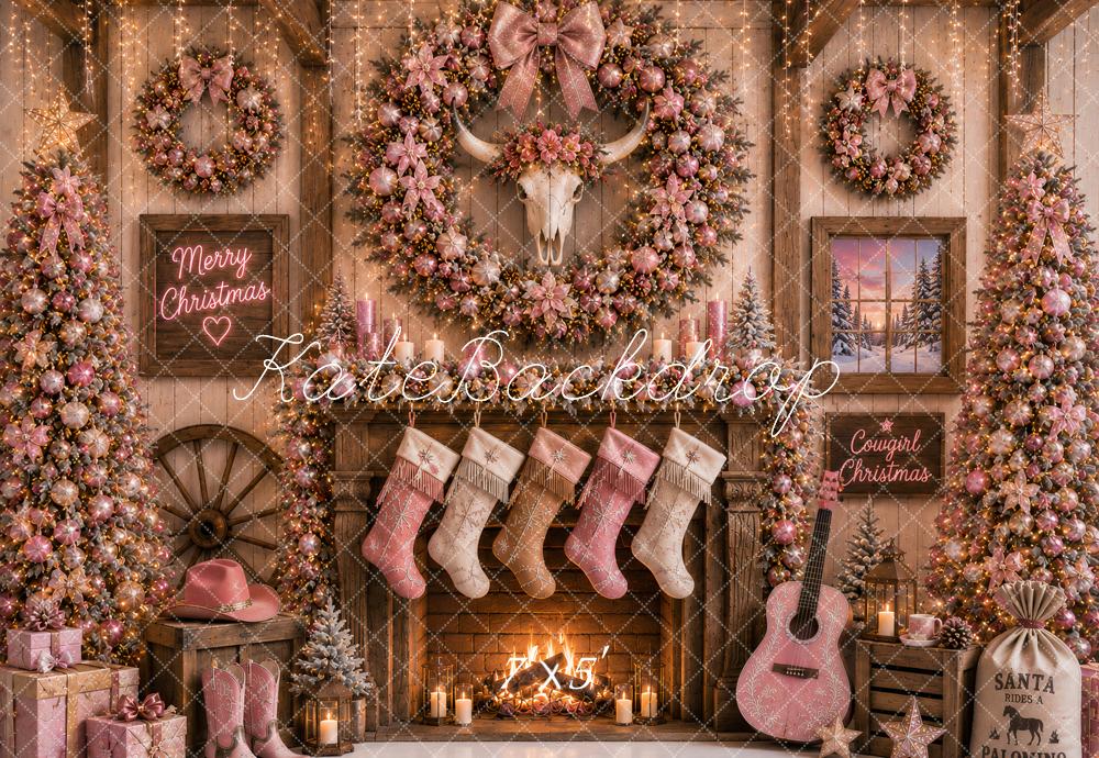 Kate Christmas Pink Rustic Fireplace Bull Skull Printed Backdrop Designed by Ashley Paul