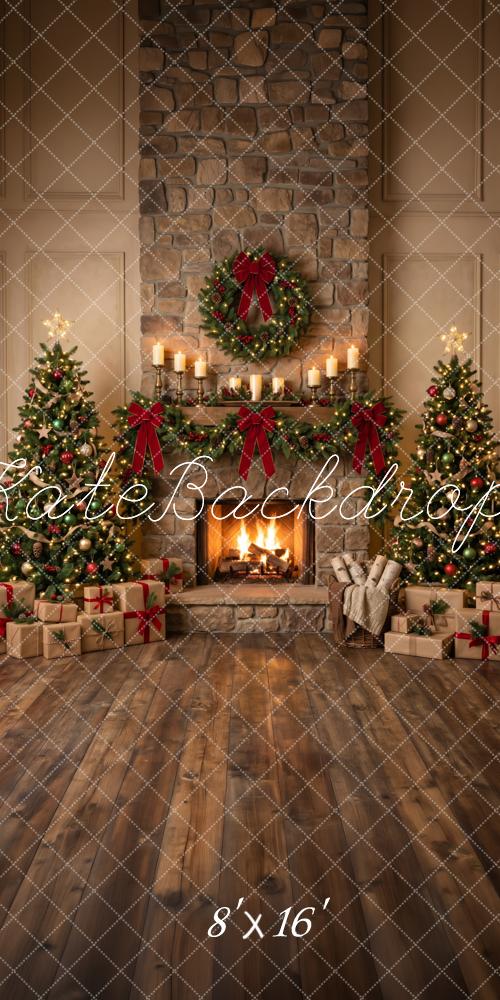 Kate Sweep Christmas Brick Fireplace Wreath Trees Gifts Printed Backdrop Designed by Happy Squirrel Design