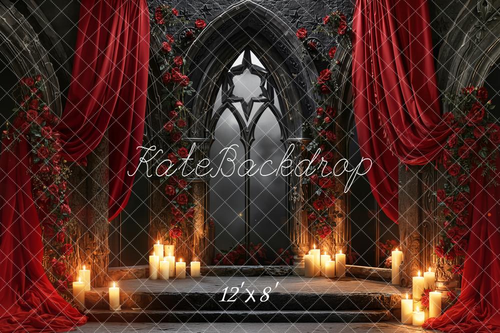 Kate Valentines Gothic Arch Window Red Drapes Roses Candles Backdrop Designed by Emetselch
