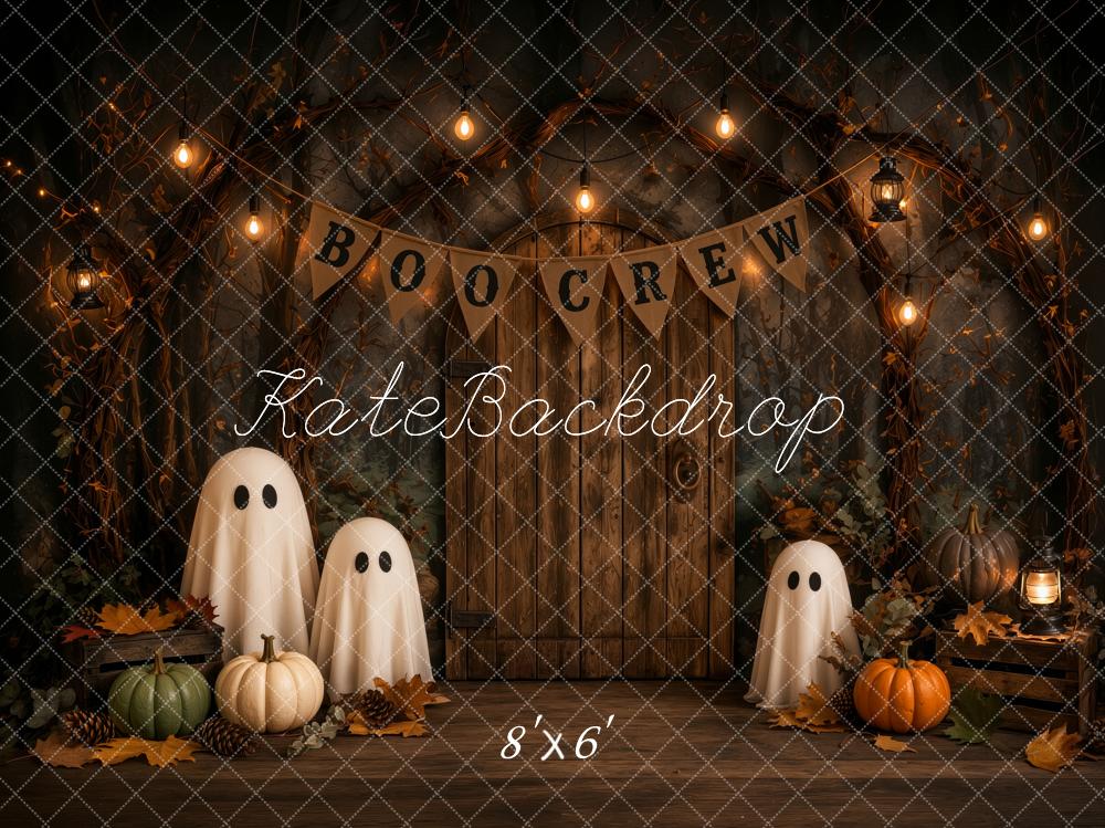 Kate Halloween Trick Or Treat Haunted Barn Ghosts Pumpkins Lights Printed Backdrop Designed by Ashley Ward