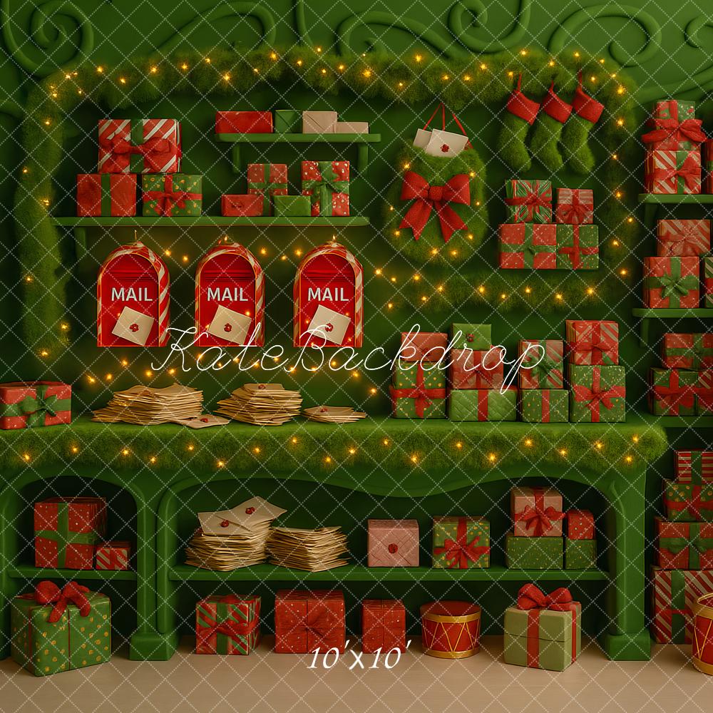 Kate Christmas Green Elf Workshop Presents Trees Mailboxes Backdrop Designed by Ashley Paul