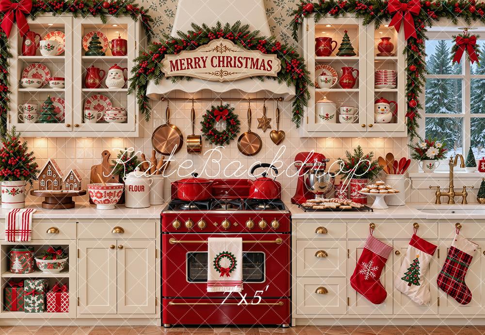 Kate Christmas Kitchen Garland White Cabinets Red Oven Printed Backdrop Designed by Shutter Swan Studios