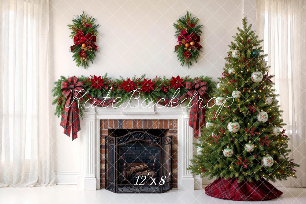 Kate Christmas Living Room Garland Fireplace Tree Red Plaid Bow Printed Backdrop Designed by Mini MakeBelieve