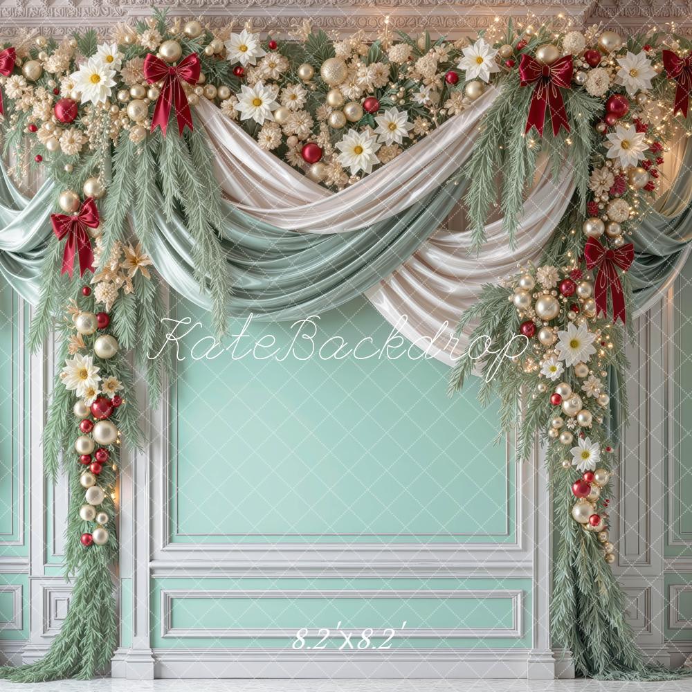 Kate Christmas Mint Green Garland Draped Curtains Printed Backdrop Designed by Mini MakeBelieve