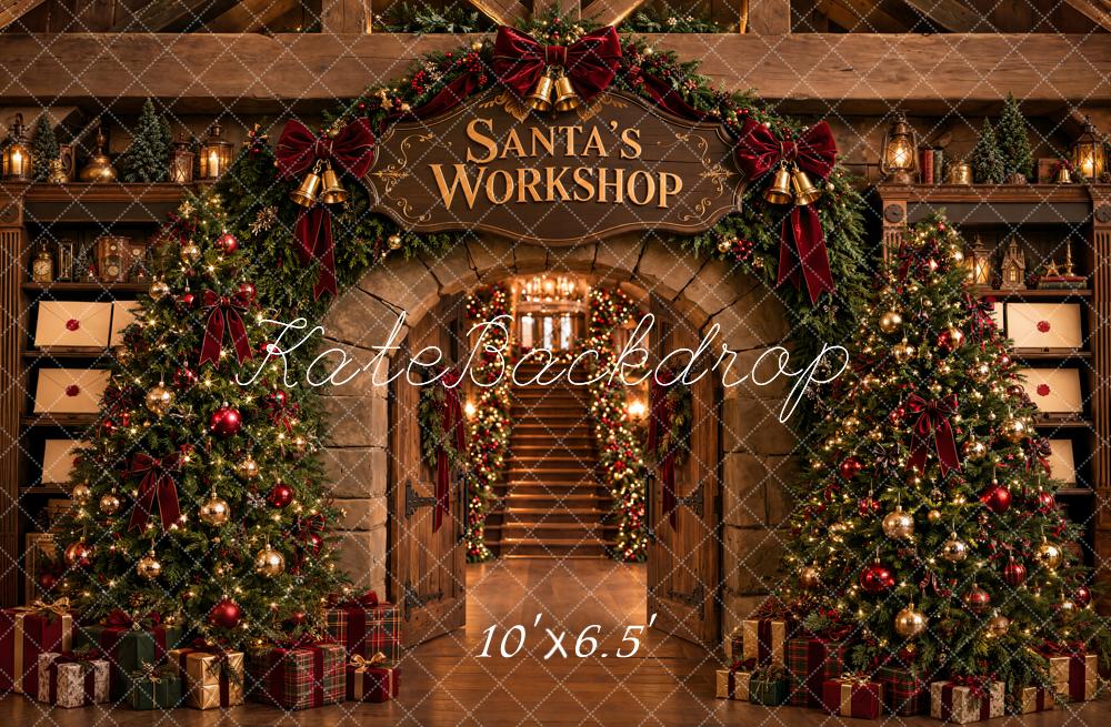 Kate Christmas Santa's Workshop Trees Staircase Gift Printed Backdrop Designed by Emetselch