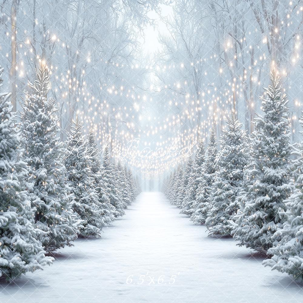 Kate Christmas Snowy Pine Trees String Lights Forest Printed Backdrop Designed by Angela Miller