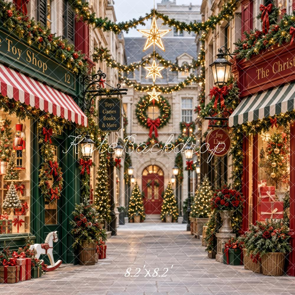 Kate Christmas Toy Shop Street Garland Star Lights Red GreenPrinted Backdrop Designed by Patty Roberts